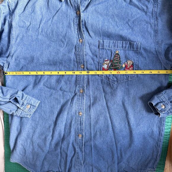 Vintage 90s Quizz Denim Button Up Shirt Sz L Christmas Bears Embroidery Winter - Picture 7 of 16
